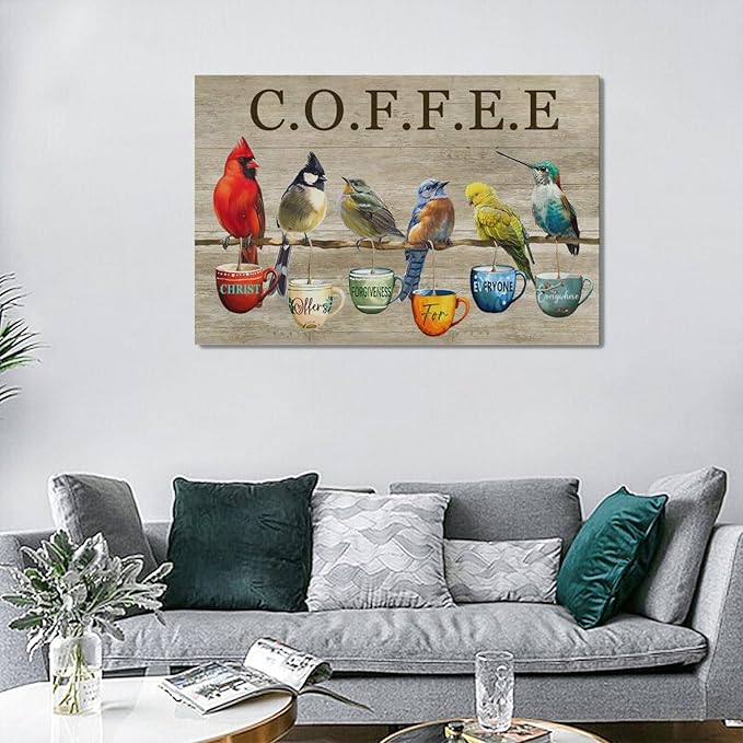 Rustic Bird Coffee Wall Art Kitchen Christ Coffee Pictures Wall Decor Farmhouse Cardinal Hummingbird Canvas Print Painting Artwork for Coffee Bar Living Room Bedroom 16"x24"