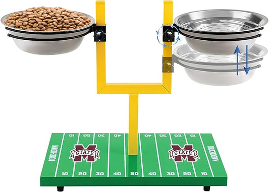 NCAA Mississippi State Bulldogs Goalpost Football Field Dog Feeder – Adjustable Elevated Dog Bowls with Stand, 2 Stainless Steel Bowls, Non-Slip Rubber Feet, Raised Pet Feeder for Large & Small Dogs