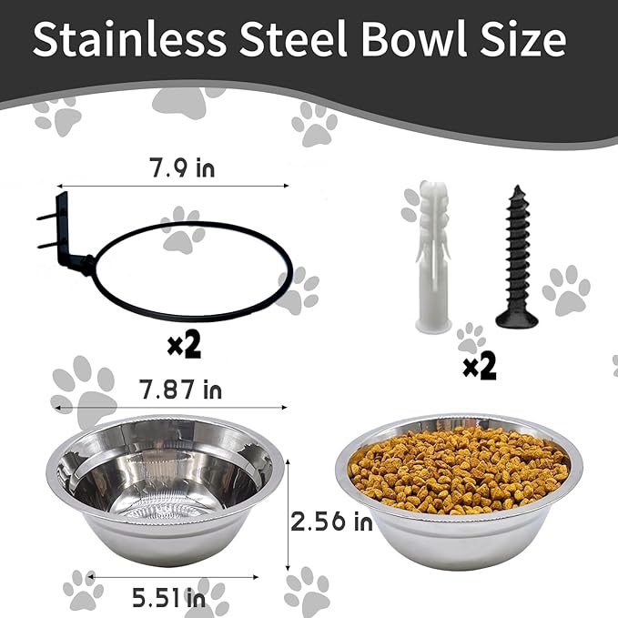Wall Mounted Dog Bowls-2 * 46 Oz, 304 Stainless-Steel Raised Adjustable Height Dog Food and Water Bowls, Elevated Pet Comfort Feeding Bowl for Medium Large Dogs Cats