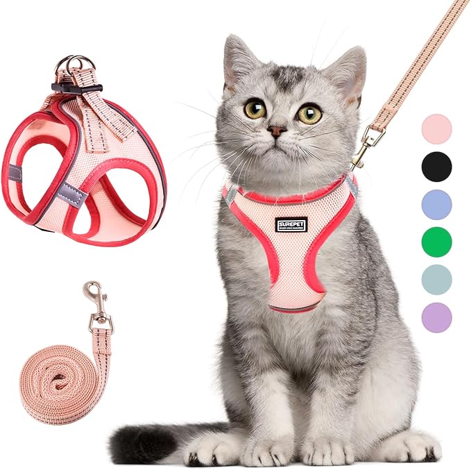 Cat Harness and Leash Set, Soft and Breathable Vest with Reflective Strip, Escape Proof Kitten Harness, Easy to Wear for Cats Walking and Traveling (Pink, L)