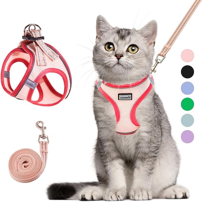 Cat Harness and Leash Set, Soft and Breathable Vest with Reflective Strip, Escape Proof Kitten Harness, Easy to Wear for Cats Walking and Traveling (Pink, XXS)