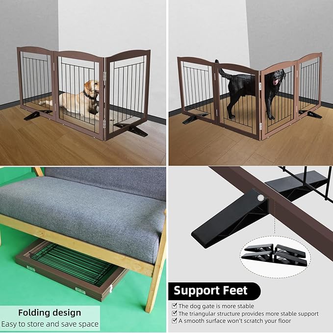 ZJSF Freestanding Dog Fence Indoor, Foldable Dog Gate for Doorways, Stairs or Hallways, Sturdy Wood Extra Wide Pet Gate with Support Feet for The House, Brown, 32 "Height-3 Panels