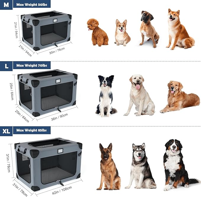 30 Inch Soft Dog Crates, Collapsible Dog Travel Crate for Medium Dogs Indoor & Outdoor, 3-Door Foldable Pet Kennel with Mesh Windows, Soft Blanket and Foldable Bowl