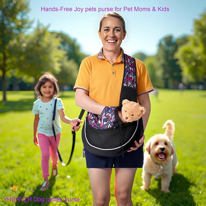 Pet Sling Carrier for Small Dogs & Cats, Mesh Travel Shoulder Bag, 10 lb Capacity, Adjustable Strap, Black with Geometric Pattern (Red camo, Medium)