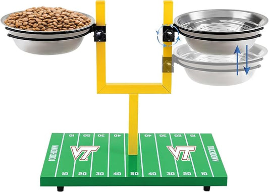 NCAA Virginia Tech Hokies Goalpost Football Field Dog Feeder – Adjustable Elevated Dog Bowls with Stand, 2 Stainless Steel Bowls, Non-Slip Rubber Feet, Raised Pet Feeder for Large & Small Dogs
