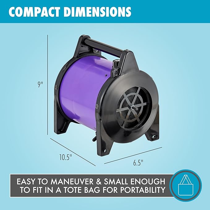 GustyAir Mini Dog Blow Dryer - Professional, Commercial Grade Force Dryer for Groomers - Quiet, High Velocity Air Dryer, Hose Attachments, Variable Speed, No Heating Element - USA Company - Purple