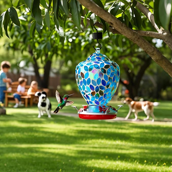 VOREEN Glass Mosaic Hummingbird Feeders, Handmade 34OZ with Ant Moat & 4 Feeding Ports, Glass Outdoor Hanging Bird Feeder, Porch Garden Backyard Decor, Gift for Mom Wife Friend, Blue Leaves Design