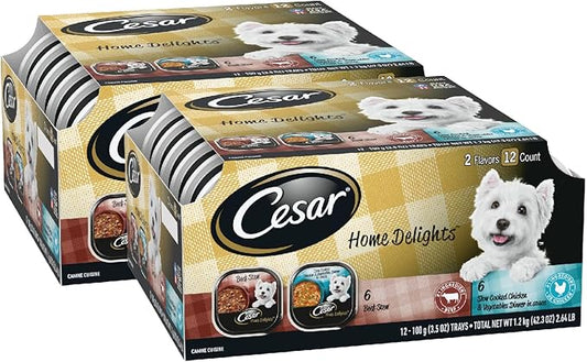 Cesar Home Delights Adult Wet Dog Food, Slow Cooked Chicken & Vegetables Dinner and Beef Stew Variety Pack, 3.5 oz. (12 Count, Pack of 2)