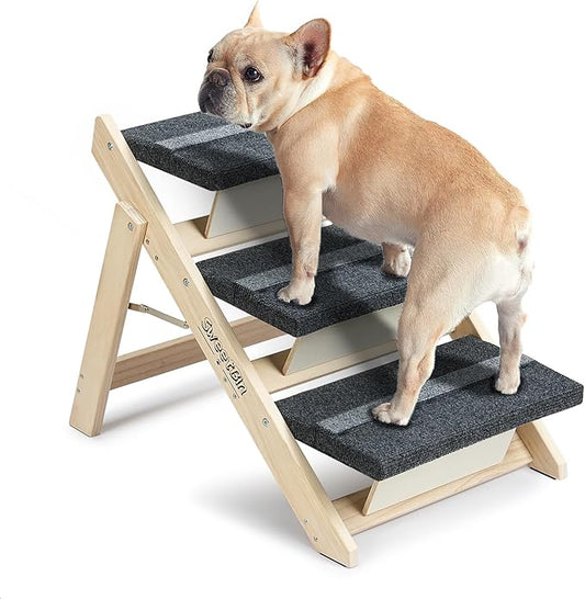 Wood Pet Stairs/Pet Steps for All Dogs and Cats - 2-in-1 Foldable Carpeted 3 Tiers Dog Stairs & Ramp Perfect for Beds and Cars - Portable Dog/Cat Ladder Up to 120 Pounds