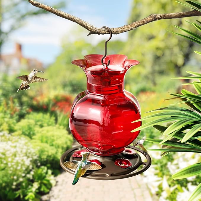 Auslar Hummingbird Feeder, Red Glass Hummingbird Feeders for Outdoors Hanging with Ant Moat, 5 Simulation Flowers Feeding Ports, 23 Ounces, Rustproof, Fade Proof, Pomegranate Shape