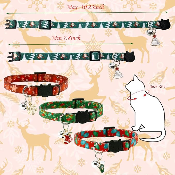 Christmas Cat Collar Set - Xmas Cat Adjustable Breakaway Collars with Bells & Charms 4Pcs Per Set
