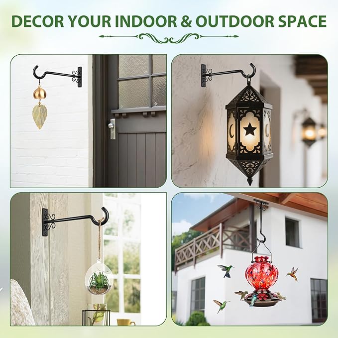 BOLITE Bird Feeder Hangers, 8 Inch Hanging Plant Brackets Outdoor or Indoor, Wall Hooks for Hanging Hummingbird Feeders, Bird Feeders, Planters, Lanterns, Wind Chimes, String Lights, 2 Pack, Black