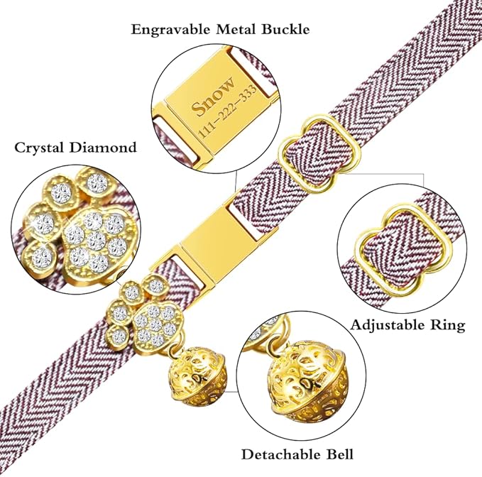 Personalized Breakaway Cat Collars - Magnetic Buckle, Bell - Safety Quick Release, Customized for Girls & Boys Cats- (Herringbone-Rose Red)