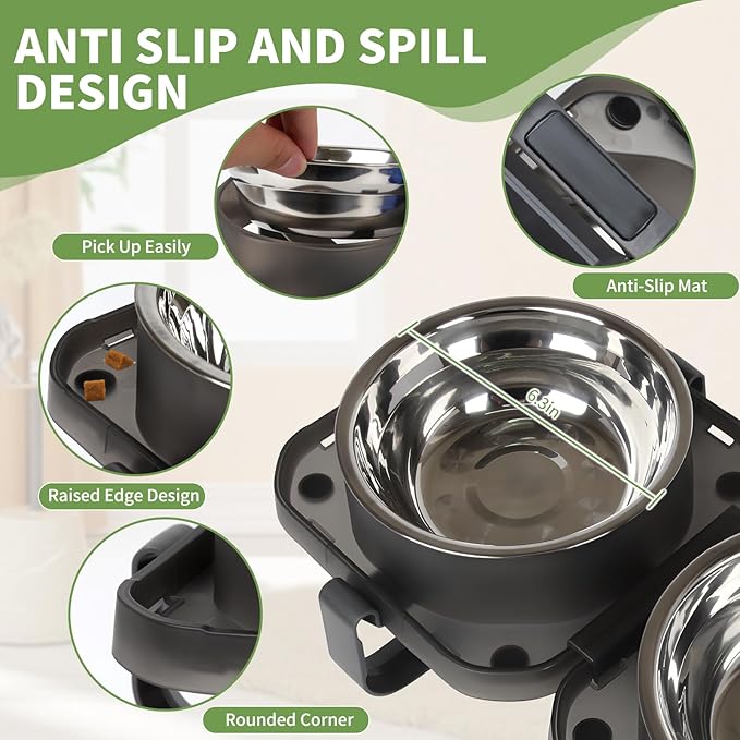 Elevated Dog Bowls, Stainless Steel Raised Dog Bowl with No Spill Dogs Food & Water Bowl for Small Medium Breed, Neater Dogs Feeding Station Non-Slip Water Bowls Set of 2 with Stand for Pet