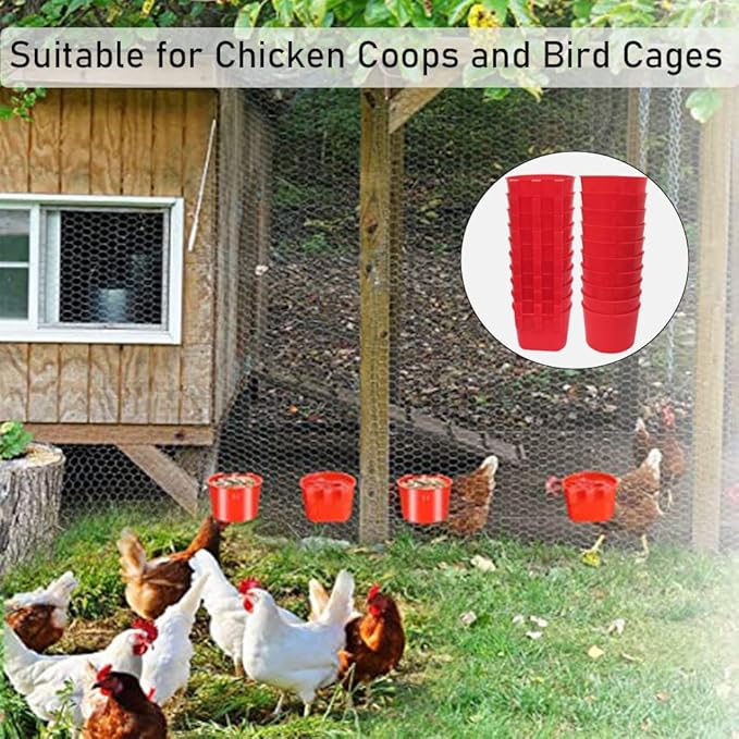 Cage Cups for Chickens,Chicken Feeders Waterer Bird Water Cup,Hanging Quail Waterer,Dish Seed Container Coop Feeder,Plastic Poultry Pet Feeding Water Bowl for Rabbit Pigeon,Round,10 Pack,Red