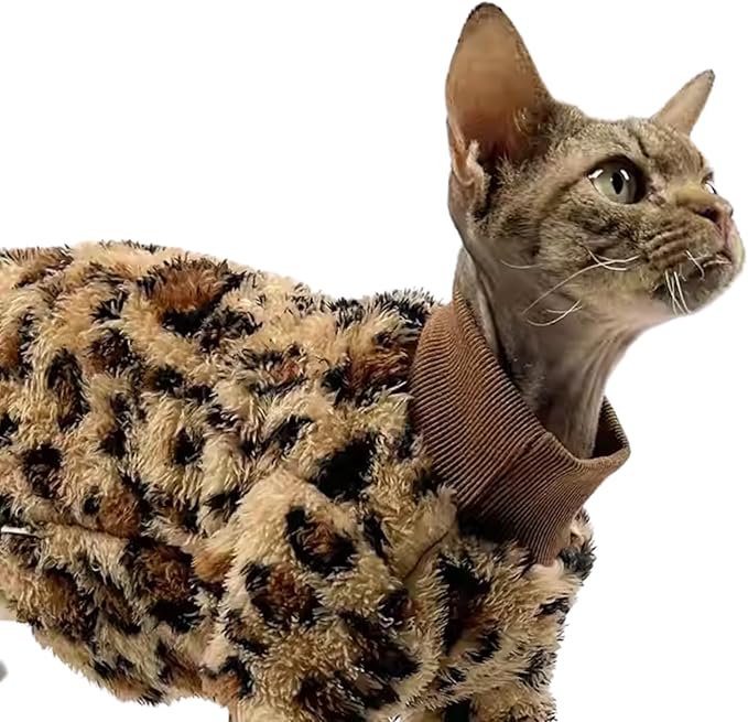 Cat Leopard Double-Sided Fleece Pullover, Soft Warm Clothes for Hairless Sphynx, Devon & All Indoor Kittens in Winter (Leopard,S)