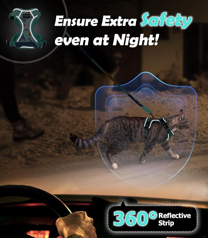 Halypet Cat Harness and Leash Set[MAX Safety 4th-Gen] Cute Escape Proof Vest Harness for Girl&Boy Cat Walking, Comfortable Adjustable Leash and Reflective Strips for Outdoor Kitten, S Purrfect Green