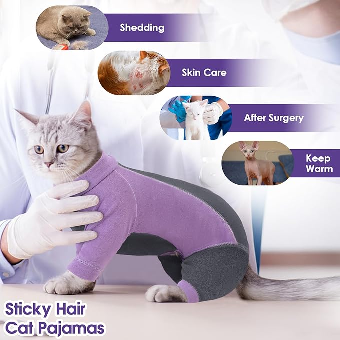 SUNFURA Hair Sticky Cat Clothes, Cat Sweater for Cats Only, 4-Legged Fleece Sweaters Kitten Pajamas Reduce Shedding Fur, Warm Pullover Shirts for Cats, Purple XL