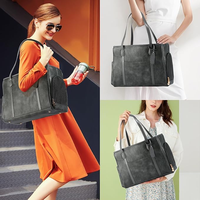 Stylish Dog Purse Carrier, Leather Pet Carrier Bag for Small Dogs Cats Puppy, Airline Approved Soft-Sided Carrier Grey