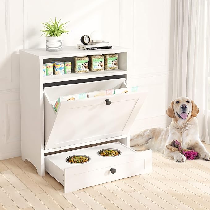 Dog Food Storage Cabinet and Feeding Station - Large Pet Food Organizer Furniture With Pull-Out Elevated 2 Sus304 Bowls for Feeding & Watering Supplies, White