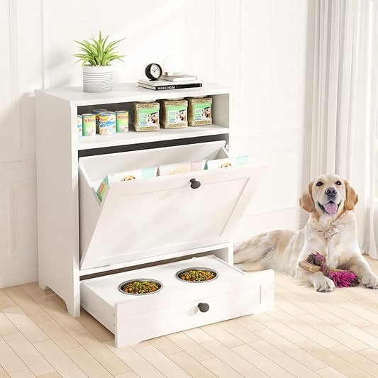 Dog Food Storage Cabinet and Feeding Station - Large Pet Food Organizer Furniture With Pull-Out Elevated 2 Sus304 Bowls for Feeding & Watering Supplies, White