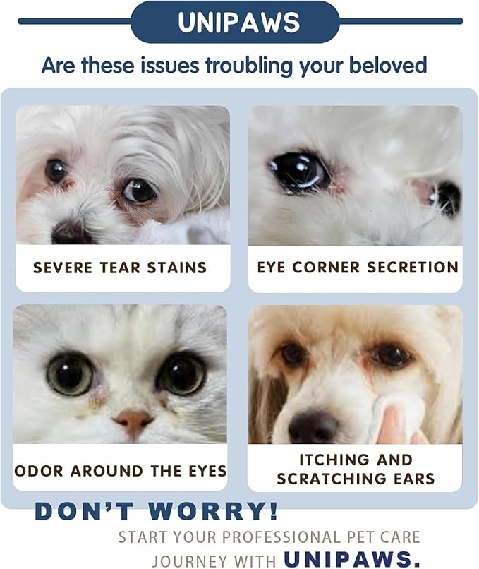 UNIPAWS Pet Tear Stain Remover & Eye Area Cleaner – Vet-Recommended Grooming Solution for Dogs & Cats – Reduces Stains, Comforts Watery, Itchy Eyes – Probiotic & Plant-Based Formula, 5.1 fl oz