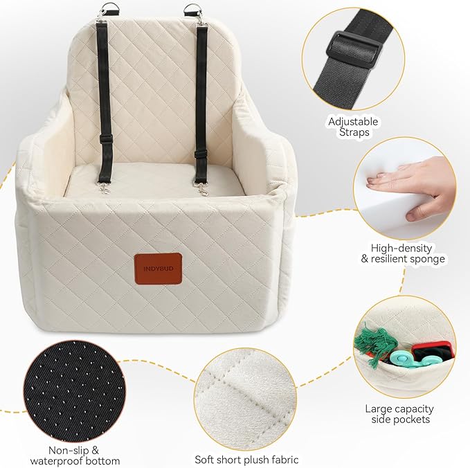 Dog Car Seat for Small Medium Dogs Up to 35lbs, Detachable Washable Soft Pet Booster Travel Bed for Front Seat with Safety Leash Belt (Beige, Medium)