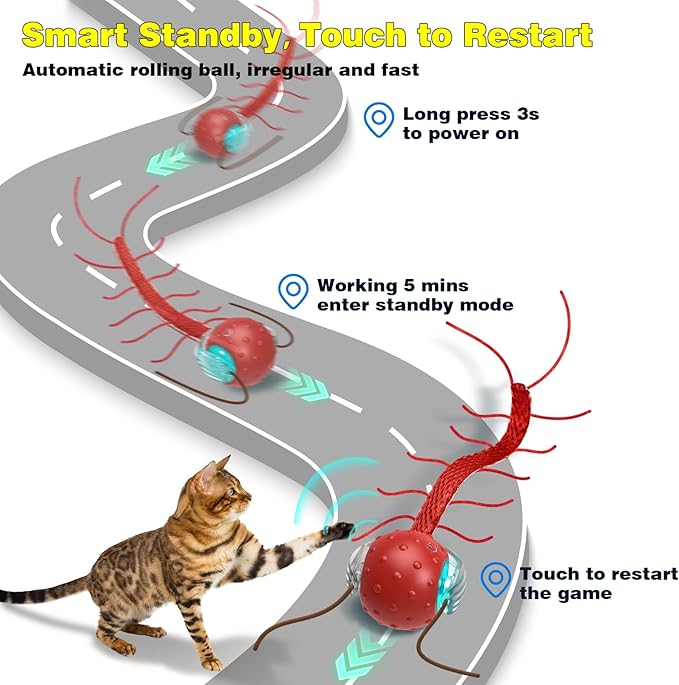 Interactive Cat Toys for Indoor Cats, Moving Cat Ball with Tail, Fast Rolling on Carpet, Chirping & Motion Activate