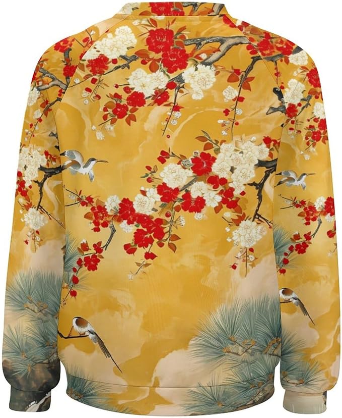 Womens Long Sleeve Tops Y2k Japanese Art Print Sweatshirts Fall Pullover for Women Crewneck Vintage Shirts Boho Tops