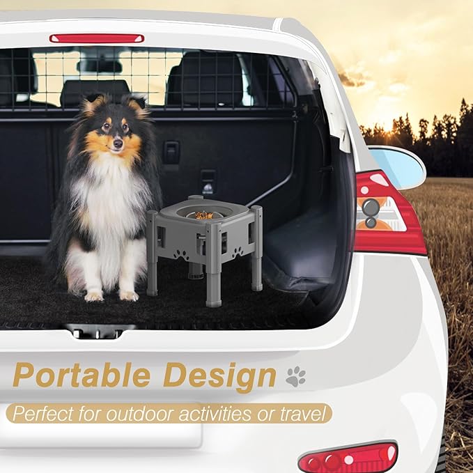 Lewondr Elevated Slow Feeder Bowls, Adjustable Dog Slow Feeder with 3 Heights (6.1", 7.7", 9.3") Non-Slip Stand for Medium Large Breed Dogs, Grey