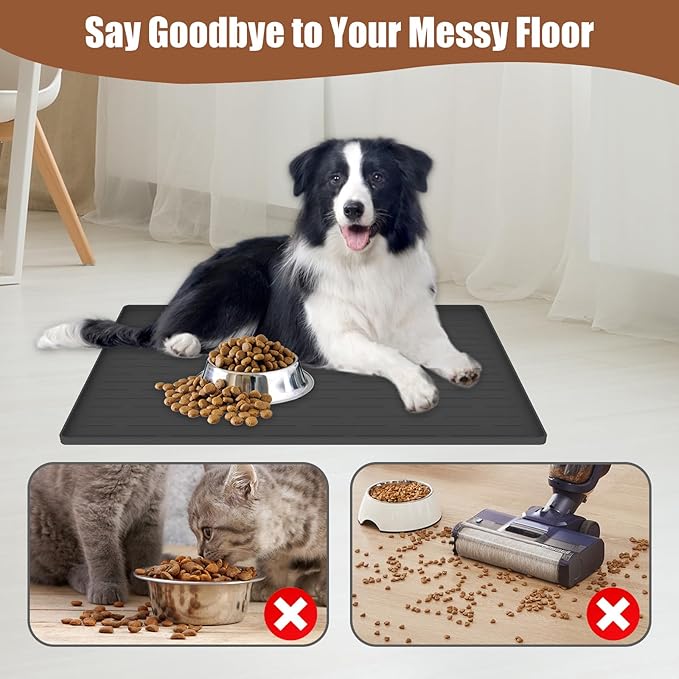 16"x10" Dog Food Mat, Silicone Dog and Cat Mats for Food and Water Bowls, Waterproof Raised Edge Pet Feeding Mat for Contain Spills Protects Floors, Multiple Colors & Sizes for Pets, Deep Green