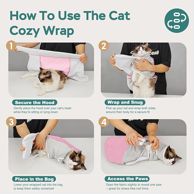 Self-Adhesive Cat Grooming Wrap, Cozy Cat Wrap for Cutting Nails, Breathable Anti-Scratch Cat Swaddle Bag for Brushing, Ear Cleaning, Dental Care, Medication, Injections, Pink S