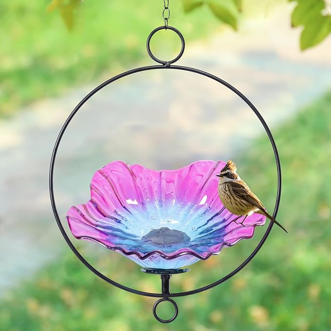 MUMTOP Hanging Bird Bath-Bird Baths for Outdoors - Flower Glass Bird Water Bowl with Hanging Circle, Bird Feeders for Outside, Garden, Lawn Yard Decor（Pink）