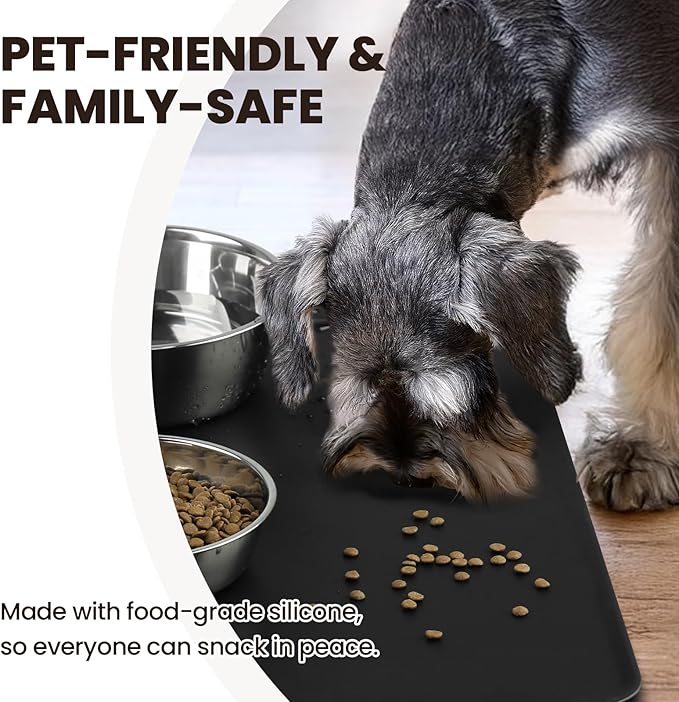 VIVAGLORY Dog Food Mat Flexmat Dog Bowl Mat, Placemat Food Tray with Raised Edges & Lip for Indoor Floor, Non Slip Waterproof Silicone Dish Placemat for Cat & Pet, S, Black