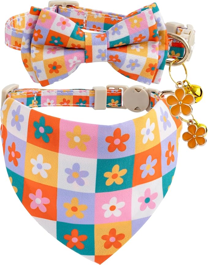 Faygarsle 2 Pack Floral Pattern Cat Collar Set with Bandana and Bow Tie, Breakaway Safety Buckle, Colorful Checkered Design