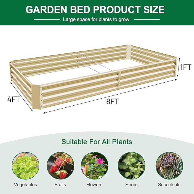 Land Guard 2 Pack 8×4×1ft Galvanized Metal Raised Garden Bed, Metal Planter Kit Box Outdoor for Deep-Rooted Vegetables, Flowers, Green and Herbs (Cream Yellow)