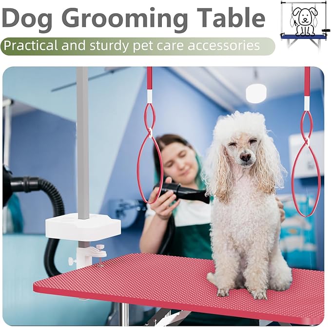 VFK 36''/47''Large Dog Grooming Table, Foldable Pet Station at Home, Dog Grooming Table,Adjustable Cat Drying Desktop with Arms, Nooses, Mesh Tray (Stainless Steel pet Table, 36" Pink)