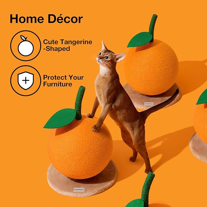 VETRESKA Orange Cat Scratching Post, Cute Cat Scratcher with Sisal Rope, Vertical Cat Scratch Post for Indoor Cat and Kitten, Cat Scratching Ball