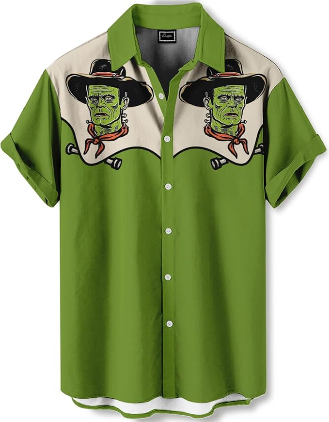 Men’s Hawaiian Shirt Western Cowboy Symmetrical Print Short Sleeve Button Down Casual Beach Holiday Summer Shirt