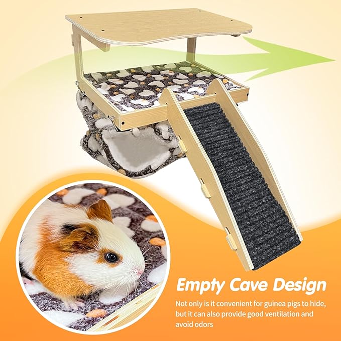 Guinea Pig Hideout，Natural Wood Removable Guinea Pig Bed, Small Animal Habitat with Hanging Hammock/Staircase/Cushion, Suitable for Small Animals to Hide, Rest, Play