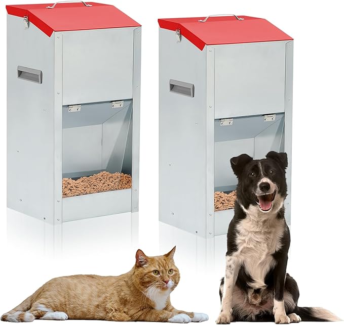 2 Pcs 12 Lbs Large Automatic Dog Feeders with Handle Acrylic Panel Galvanized Gravity Feeder Outdoor Hanging for Doggie Breed Dog Food Dispenser Container(Red, No Wheels)