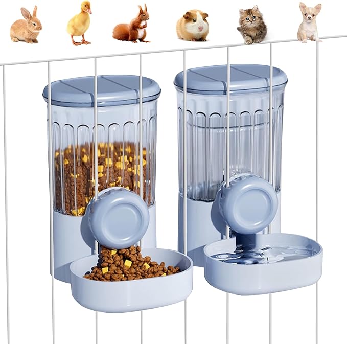 Hanging Small Pet Feeder and Water Dispenser, 1L Auto Cat Food Bowl and 0.8L Water Bottle Dispenser, Auto Gravity Pet Feeder and Waterer Set for Puppy, Kitten, Rabbit and Small Pets (Blue)