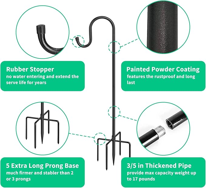 Adjustable Shepherds Hooks - 36Inches, 5Prong Base - Stand Pole for Humming Bird Feeder & Hanging Solar Lights - Mason Jar - Outdoor Garden Wedding Decor (2pcs)