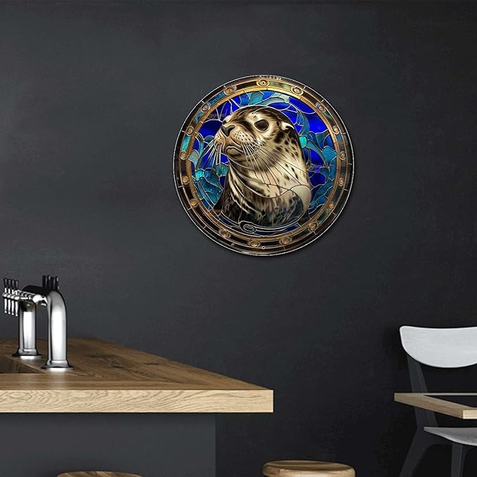 Lygond Metal Sign Tin Sign Circular Stained Glass Harbor Tin Sig For Pet 12×12 Inches