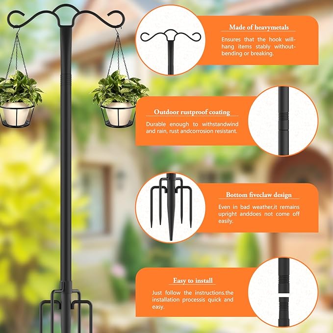 SINLEY Double Shepherds Hook for Outdoor with 5 Prong Base 90 Inch Heavy Duty Two Sided Bird Feeder Pole for Hanging Lantern,Hummingbird Feeder,Lightweight Plant,Shepherds Hook for Bird Feeders