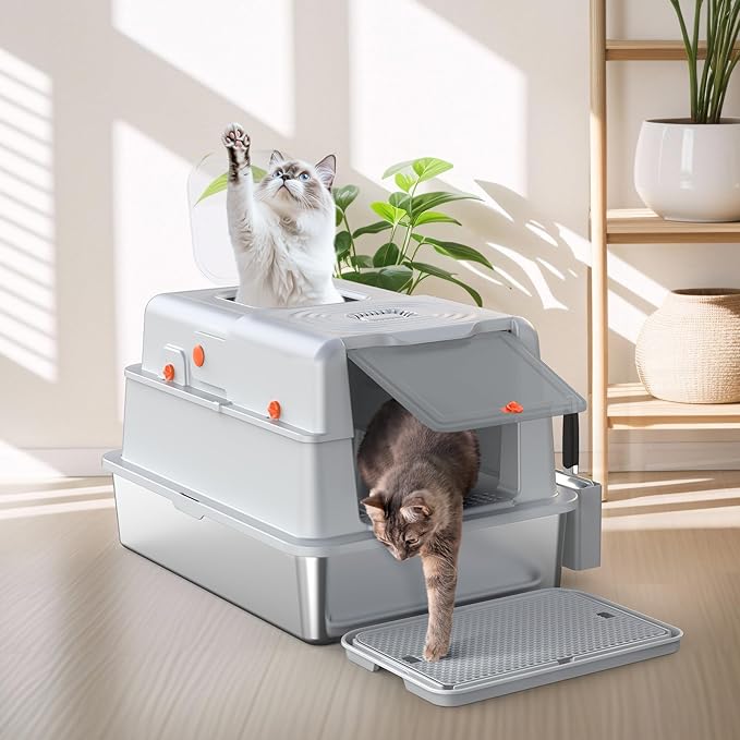 Soulbond XXXL Stainless Steel Litter Box with Lid, Large Covered Metal Cat Litter Box Enclosed for Large and Multi-Cat Families, Easy to Clean