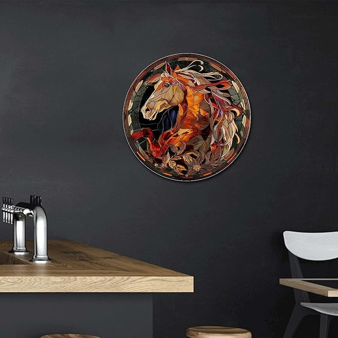 Lygond Metal Sign Tin Sign Circular Stained Glass Horse Metal Signs Vintage for Restaurant 12×12 Inches
