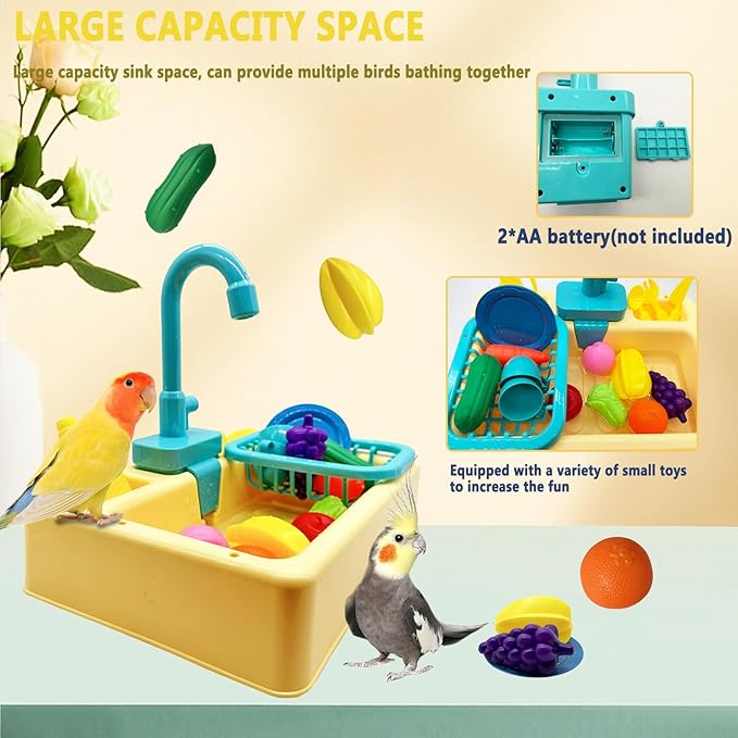 kathson Parrot Bathtub,Automatic Bird Shower Box,Multifunctional Parakeet Bathtub with Faucet,Bird Bathing Tub Pool Toy for Small Medium Birds Cockatiel Lovebird Budgie,Yellow