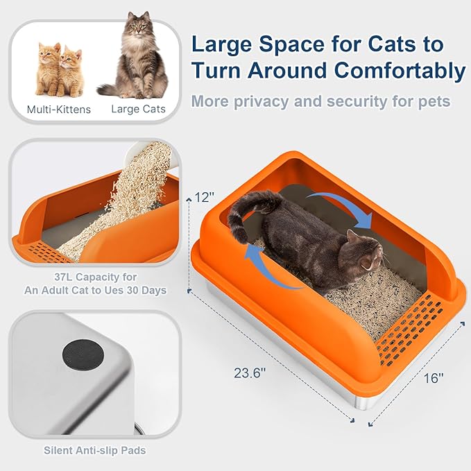 Enclosed Stainless Steel Litter Box with Lid Extra Large Litter Cat Box for Big Cats XL Metal Litter Pan Tray with High Sides Enclosure, Anti-Leakage, Easy Cleaning (Orange)