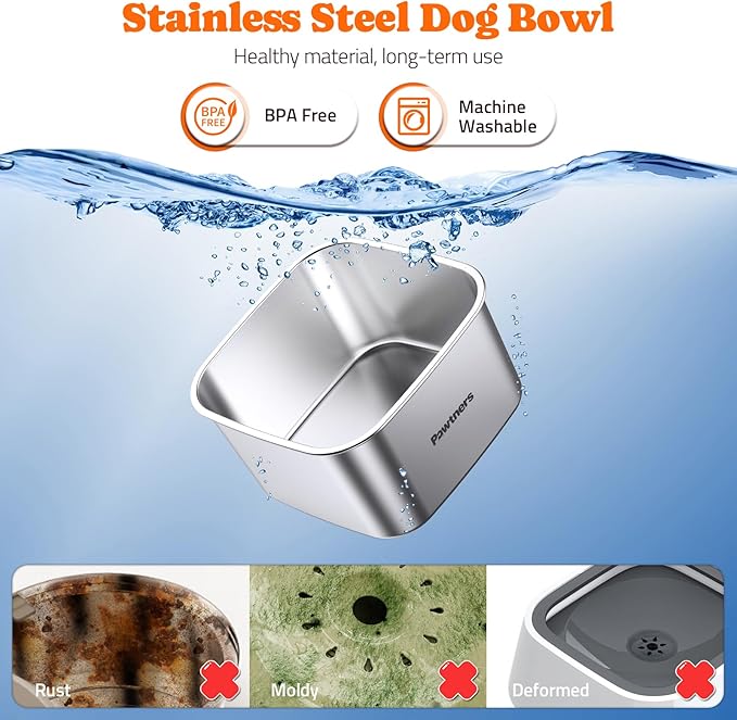 Pawtners Dog Water Bowl No Spill, 152oz/4.5L Stainless Steel Dog Floating Bowl, Slow Water Bowl for Dog with Filter, Non-Slip Base, No Splash Water Bowl for Medium Large Messy Drinkers Grey